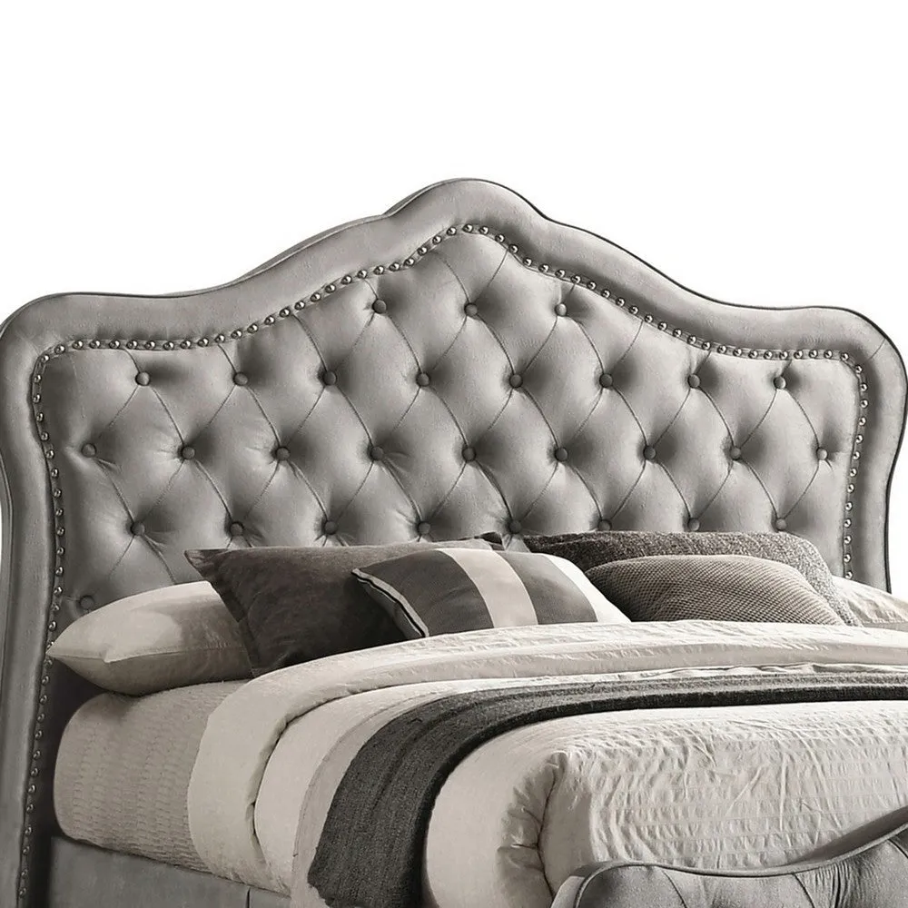 87 Inch Classic Upholstered Queen Size Bed, Scalloped, Button Tufted, Gray By Casagear Home