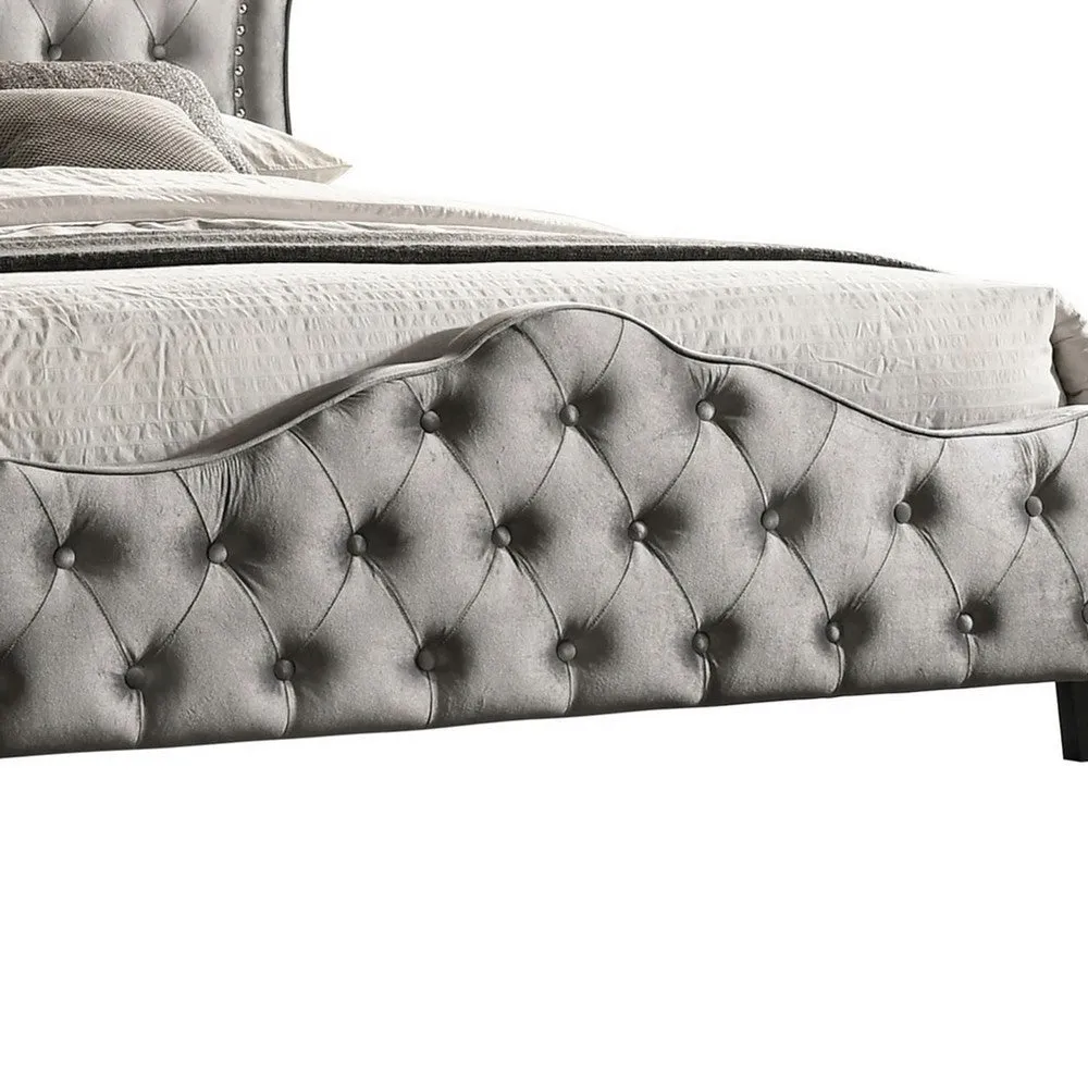 87 Inch Classic Upholstered Queen Size Bed, Scalloped, Button Tufted, Gray By Casagear Home