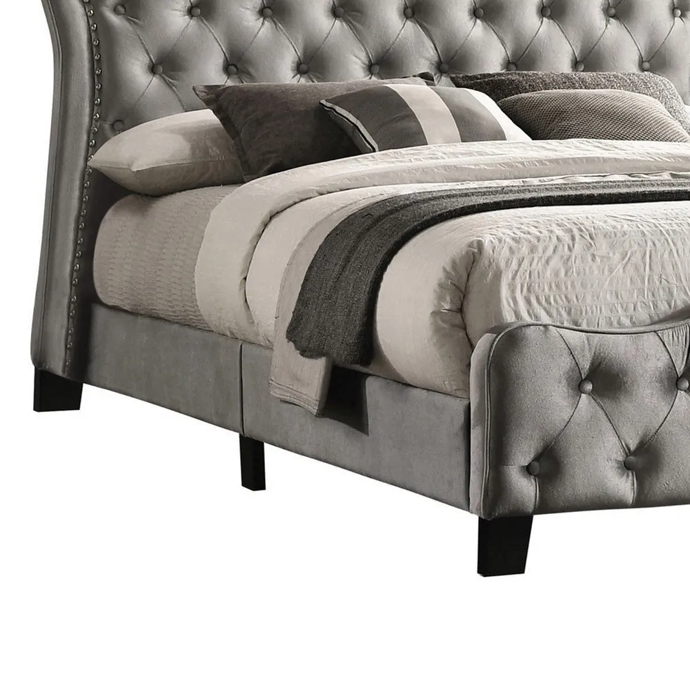 87 Inch Classic Upholstered Queen Size Bed, Scalloped, Button Tufted, Gray By Casagear Home
