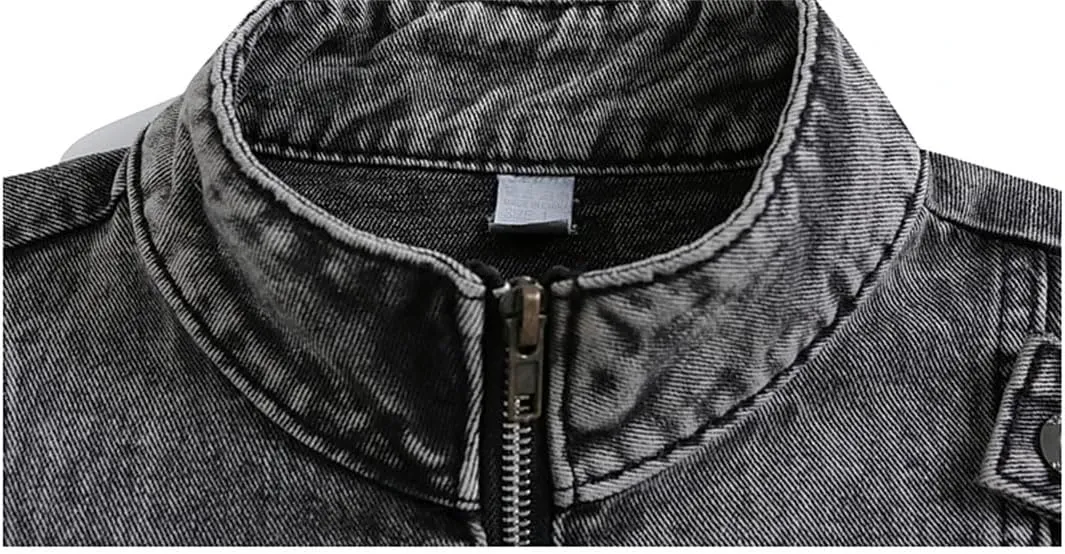 Bciopll Men's Spliced Denim Jackets Vintage Distressed Stand Collar Motorcycle Zipper Cowboy Coats