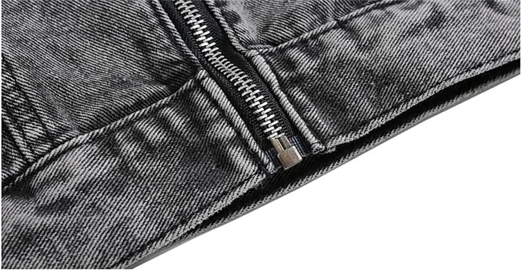 Bciopll Men's Spliced Denim Jackets Vintage Distressed Stand Collar Motorcycle Zipper Cowboy Coats