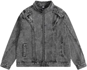 Bciopll Men's Spliced Denim Jackets Vintage Distressed Stand Collar Motorcycle Zipper Cowboy Coats