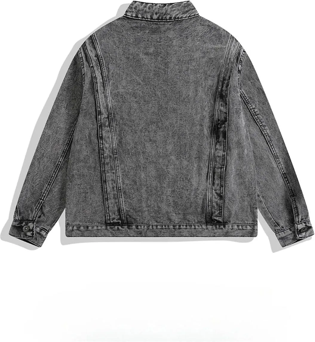 Bciopll Men's Spliced Denim Jackets Vintage Distressed Stand Collar Motorcycle Zipper Cowboy Coats