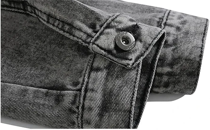 Bciopll Men's Spliced Denim Jackets Vintage Distressed Stand Collar Motorcycle Zipper Cowboy Coats