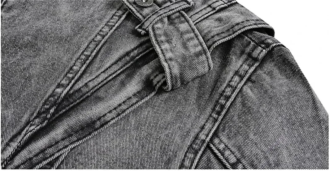 Bciopll Men's Spliced Denim Jackets Vintage Distressed Stand Collar Motorcycle Zipper Cowboy Coats