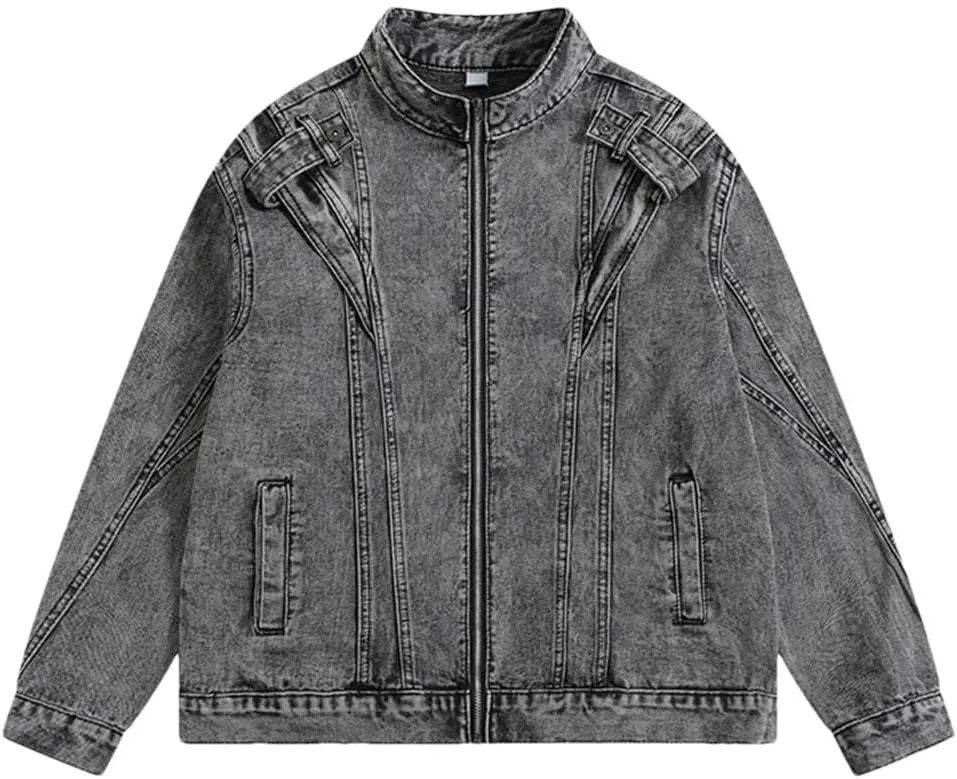 Bciopll Men's Spliced Denim Jackets Vintage Distressed Stand Collar Motorcycle Zipper Cowboy Coats