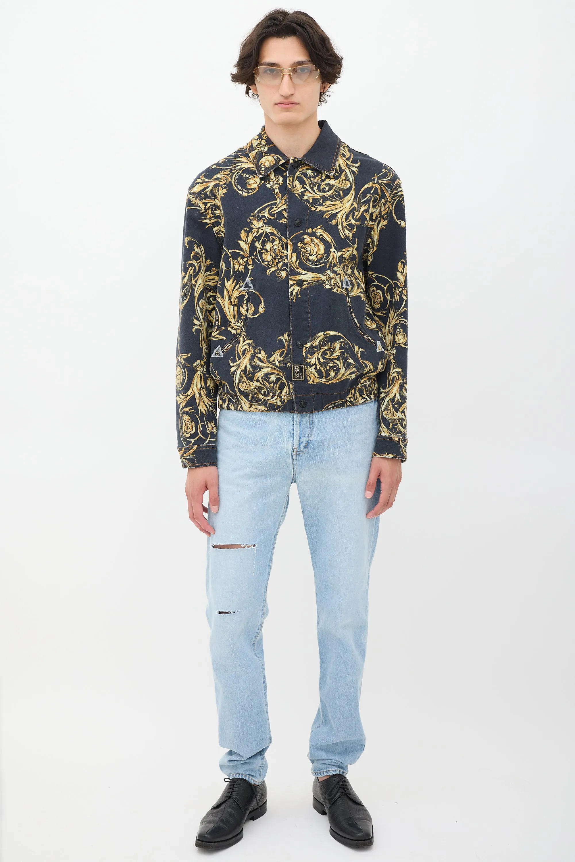 Black & Gold Ornate Printed Denim Jacket
