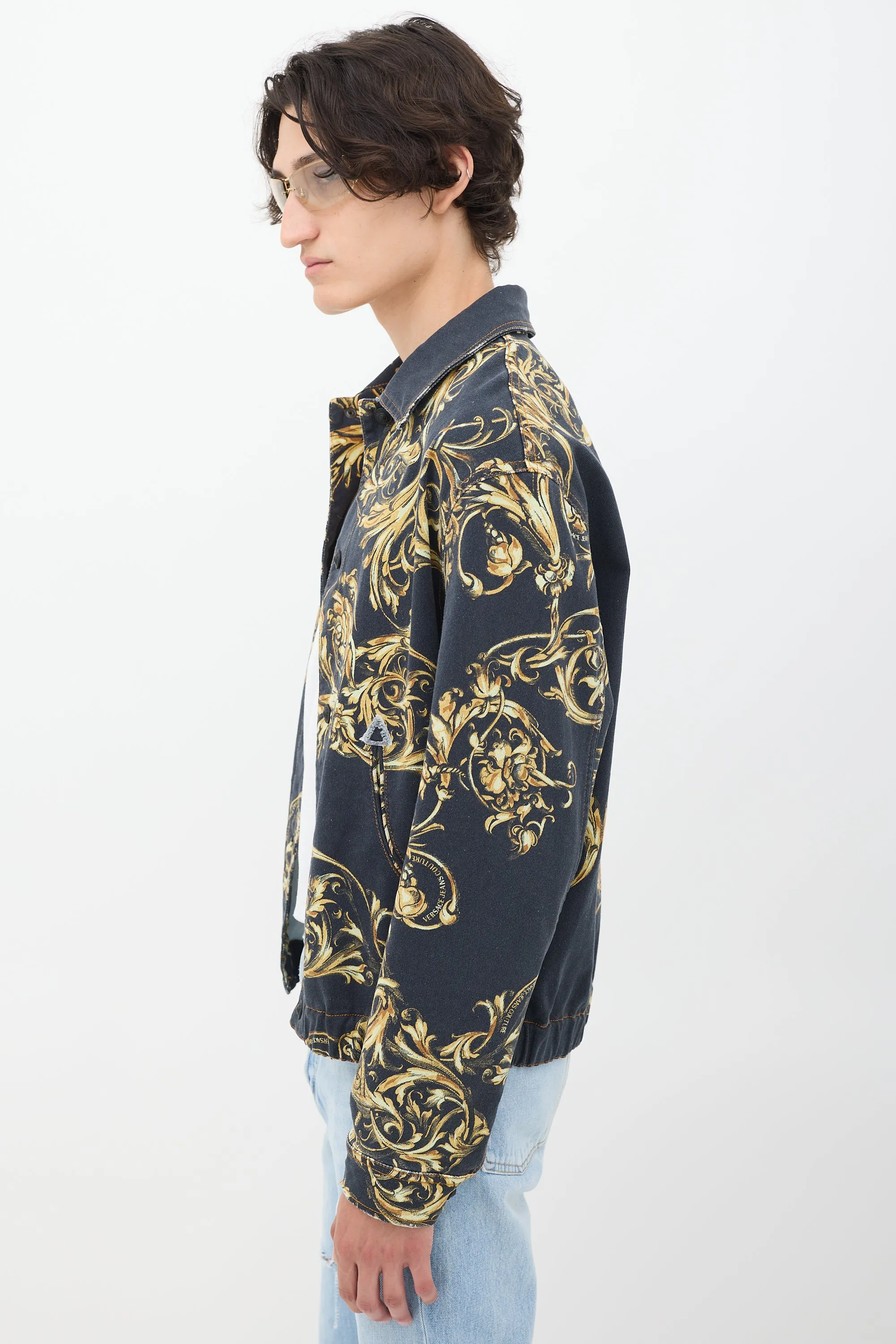 Black & Gold Ornate Printed Denim Jacket