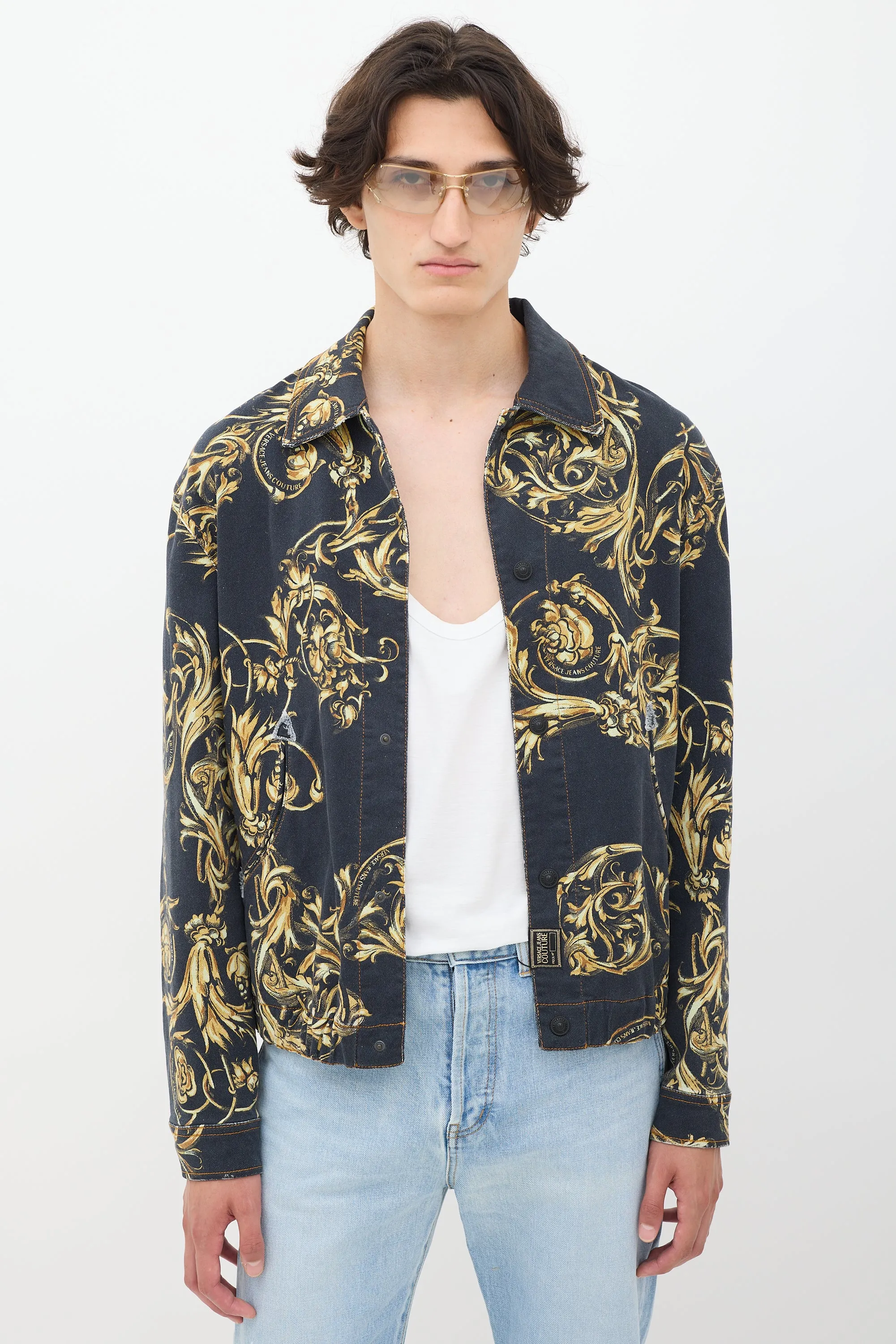 Black & Gold Ornate Printed Denim Jacket