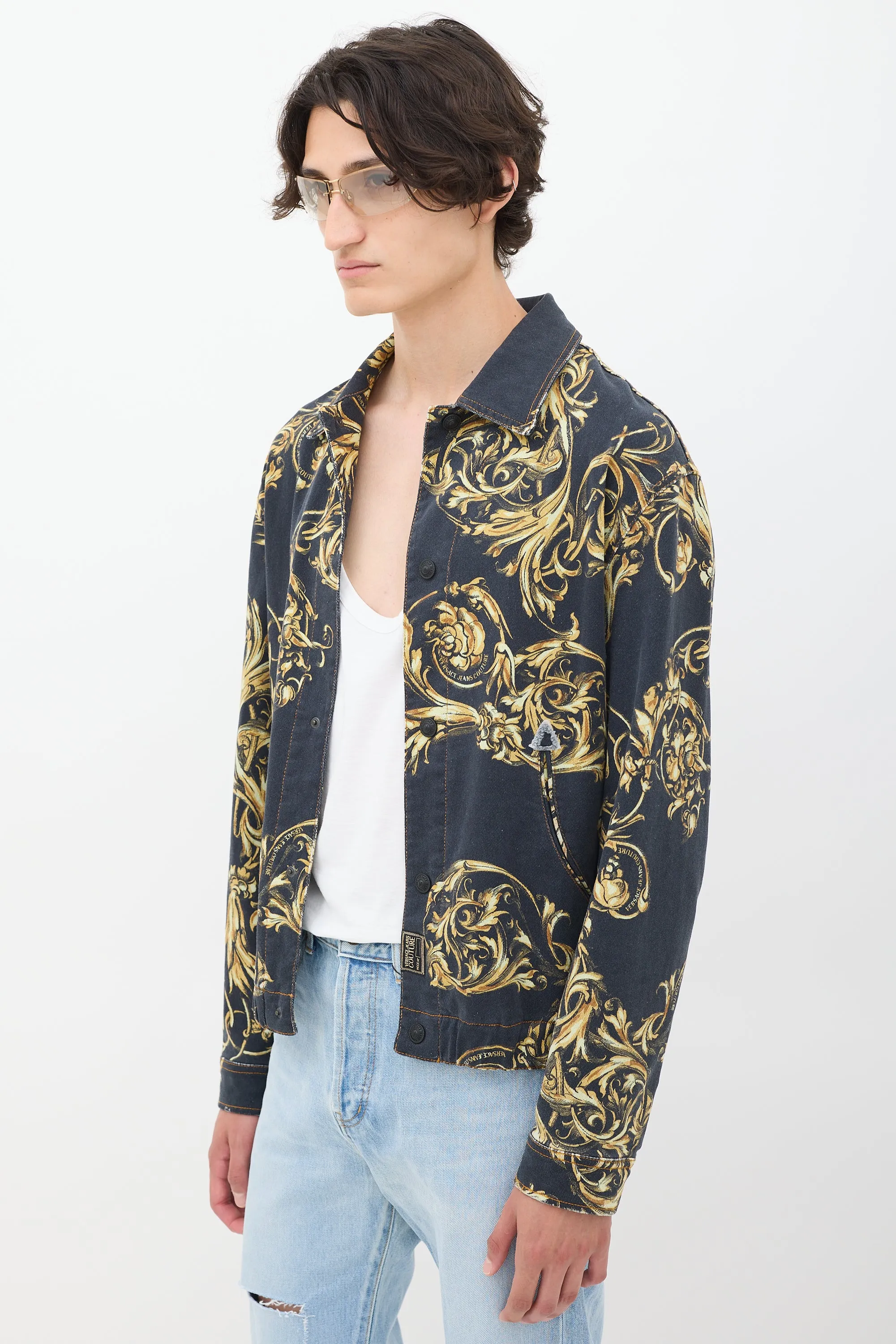 Black & Gold Ornate Printed Denim Jacket