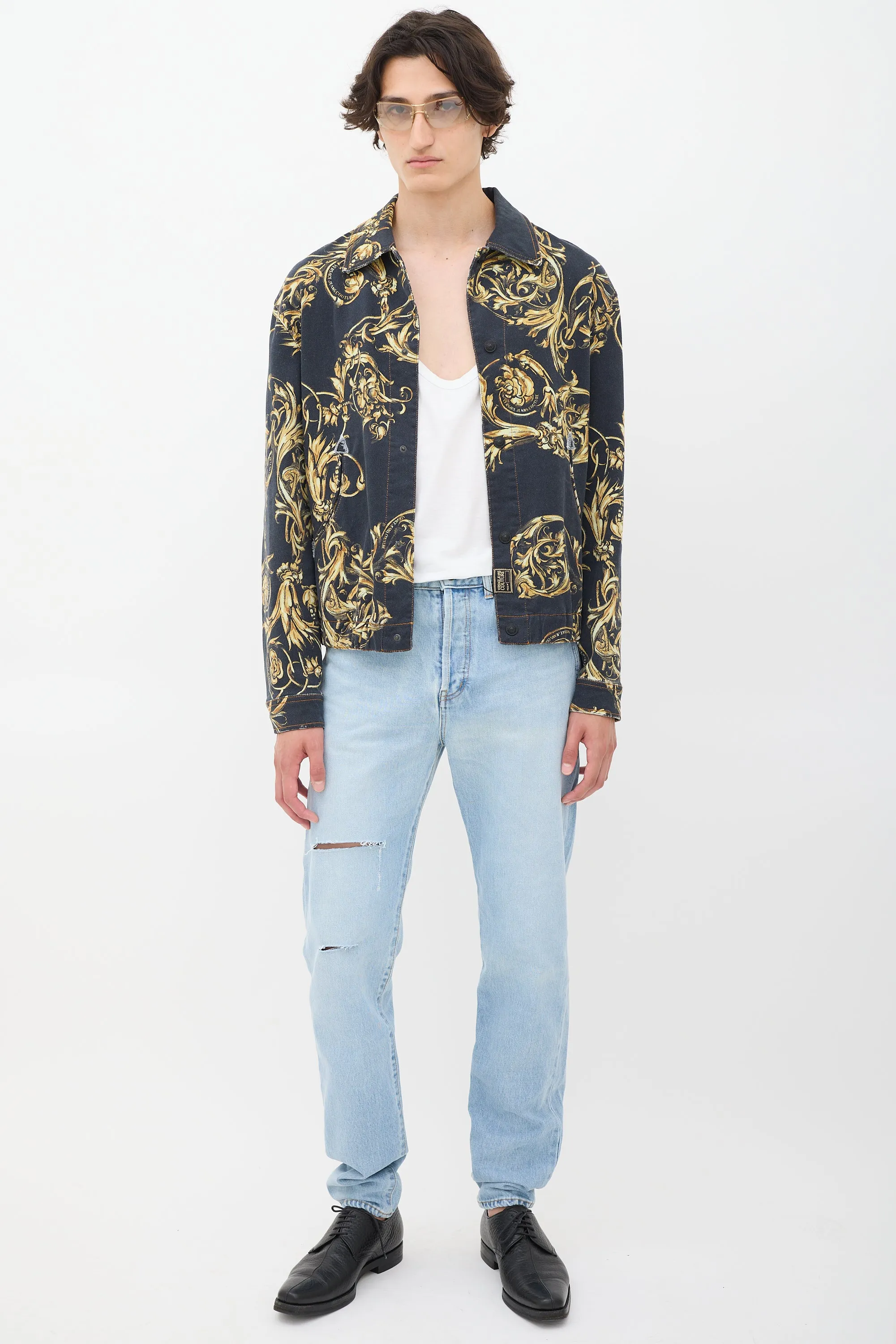 Black & Gold Ornate Printed Denim Jacket