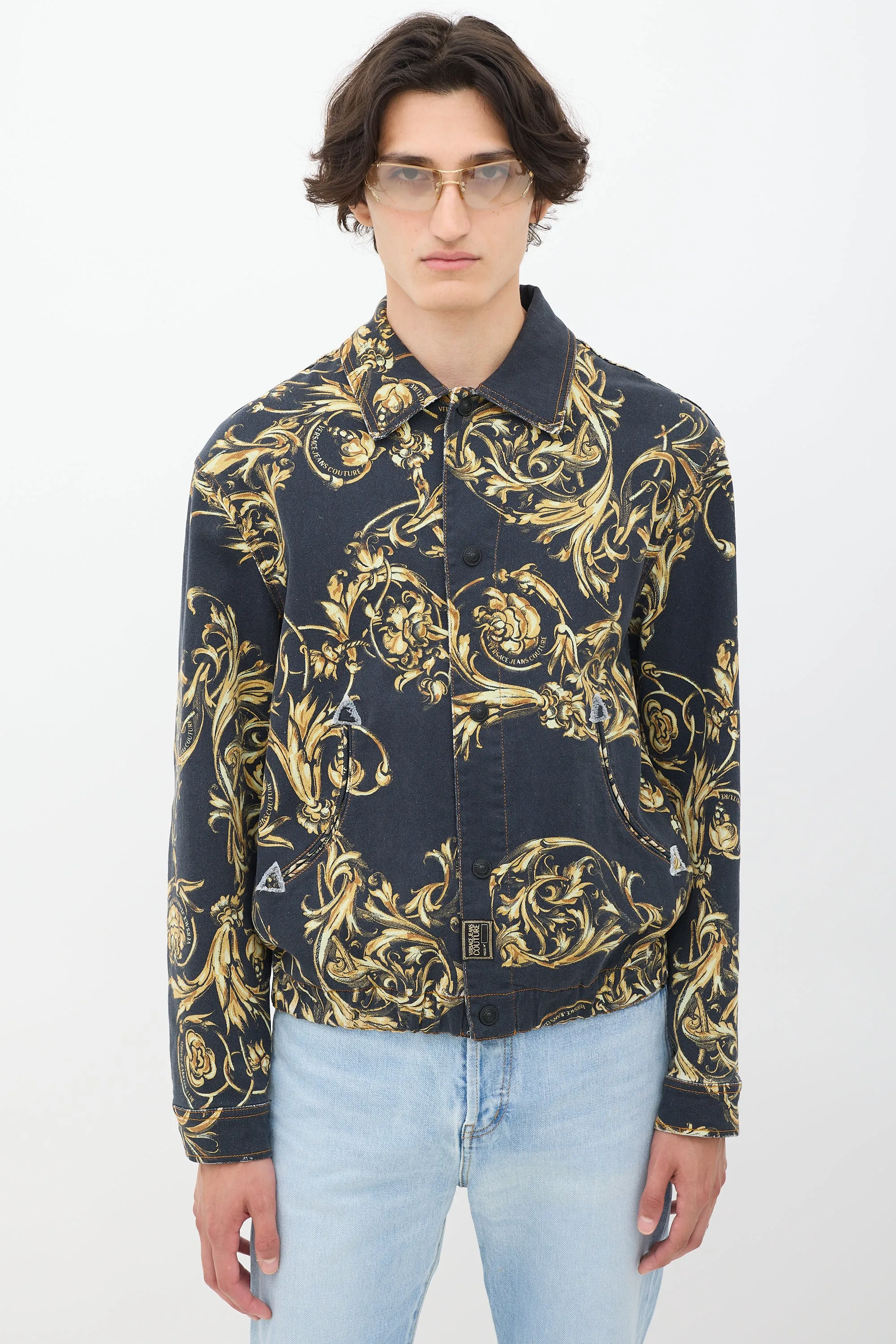 Black & Gold Ornate Printed Denim Jacket