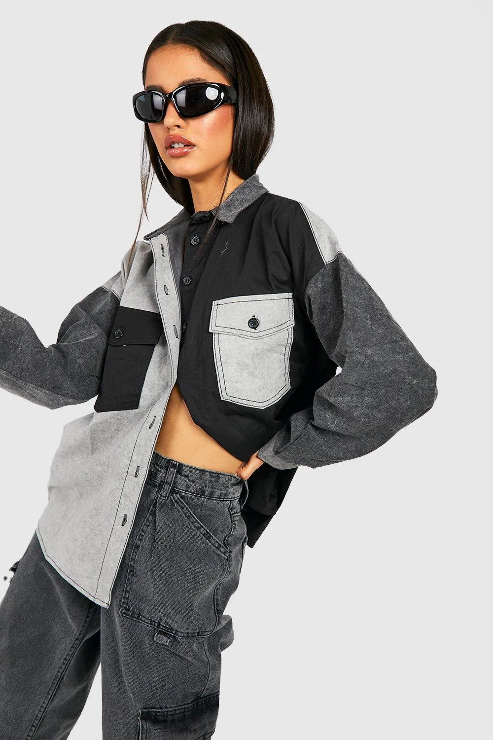 Boohoo Mixed Message Two-Tone Denim Shirt, Gray