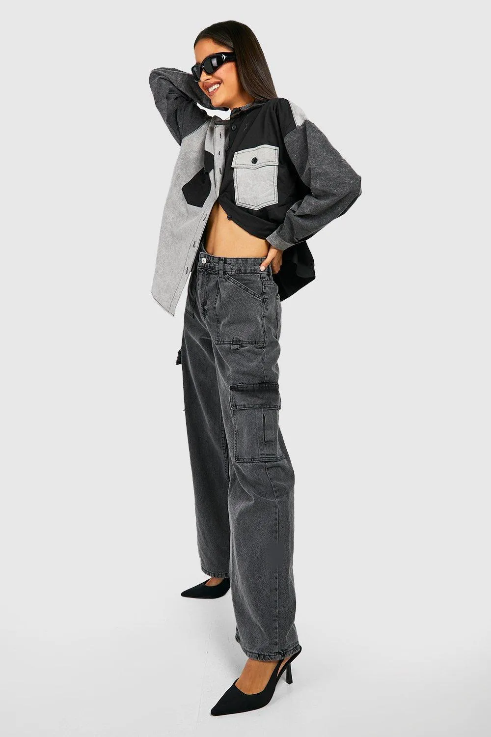 Boohoo Mixed Message Two-Tone Denim Shirt, Gray