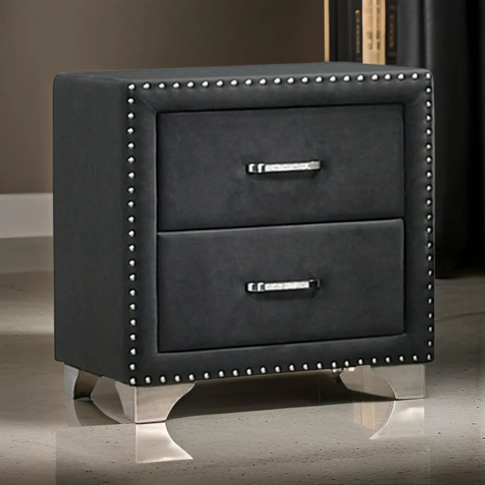 Cale 26 Inch Modern Glam Wood Nightstand, Nailhead, Gray Velvet Upholstered By Casagear Home
