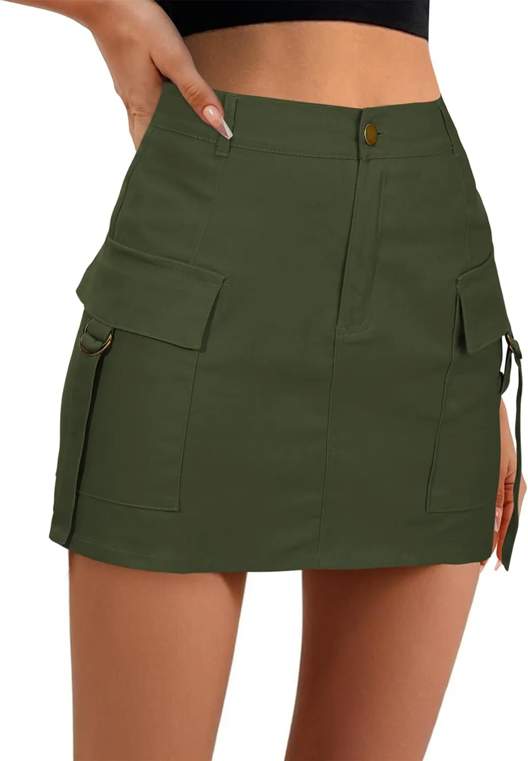 Cargo Skirts Mini Skirt y2k Low Waist Button Bodycon Skirts for Women Cargo Denim Skirt with Pockets Army Green M