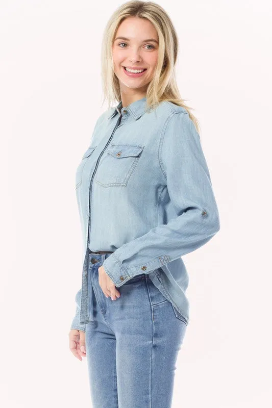 Chambray Button Down Top Denim Blouse Shirt