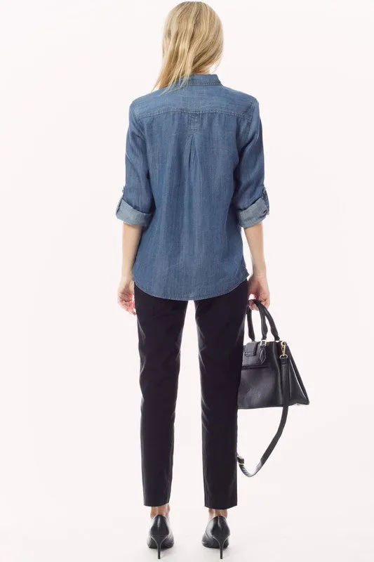 Chambray Button Down Top Denim Blouse Shirt