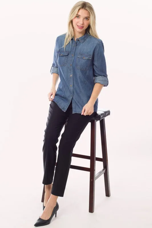 Chambray Button Down Top Denim Blouse Shirt