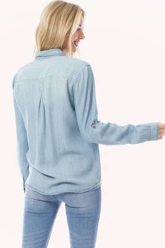 Chambray Button Down Top Denim Blouse Shirt