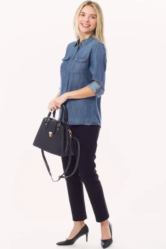 Chambray Button Down Top Denim Blouse Shirt