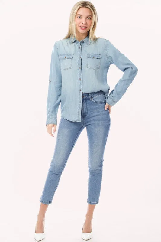 Chambray Button Down Top Denim Blouse Shirt