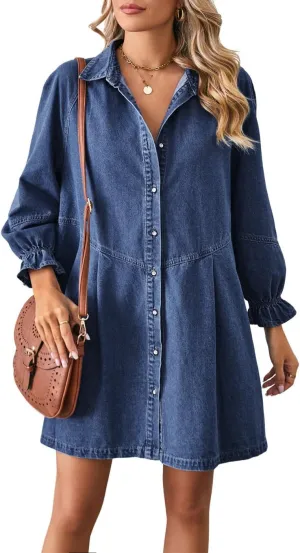 chouyatou Women's Button Down Denim Shirt Dress Lantern Long Sleeve Tiered Baydoll Jean Mini Dress