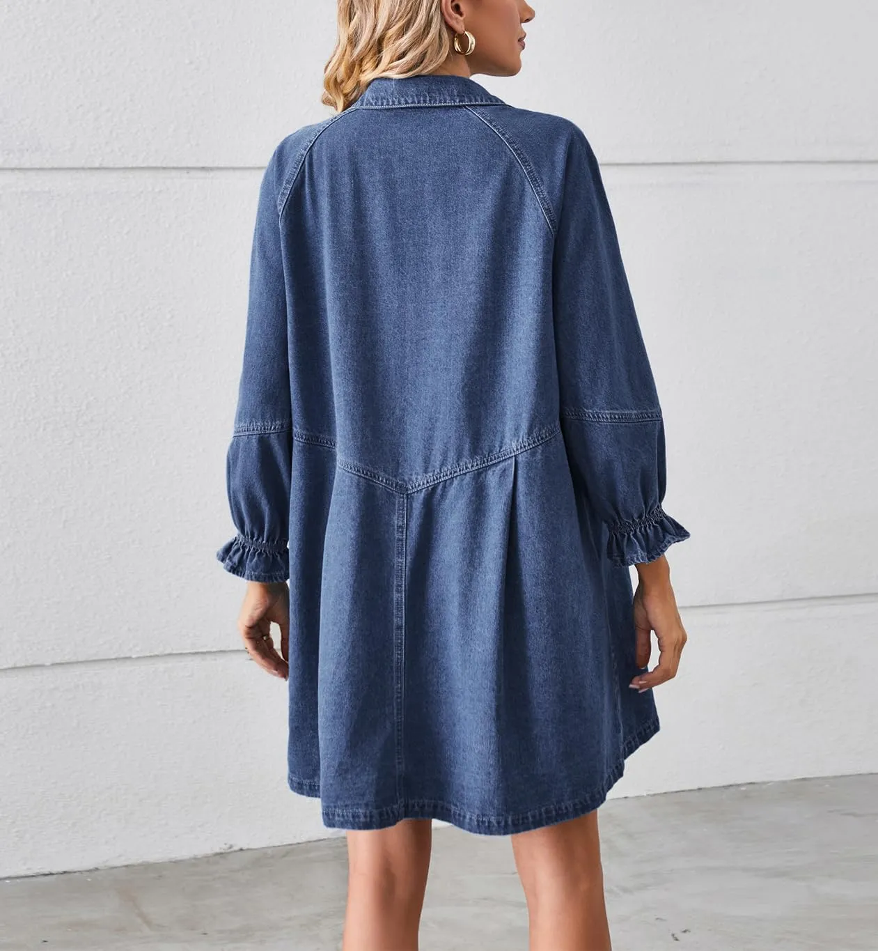 chouyatou Women's Button Down Denim Shirt Dress Lantern Long Sleeve Tiered Baydoll Jean Mini Dress