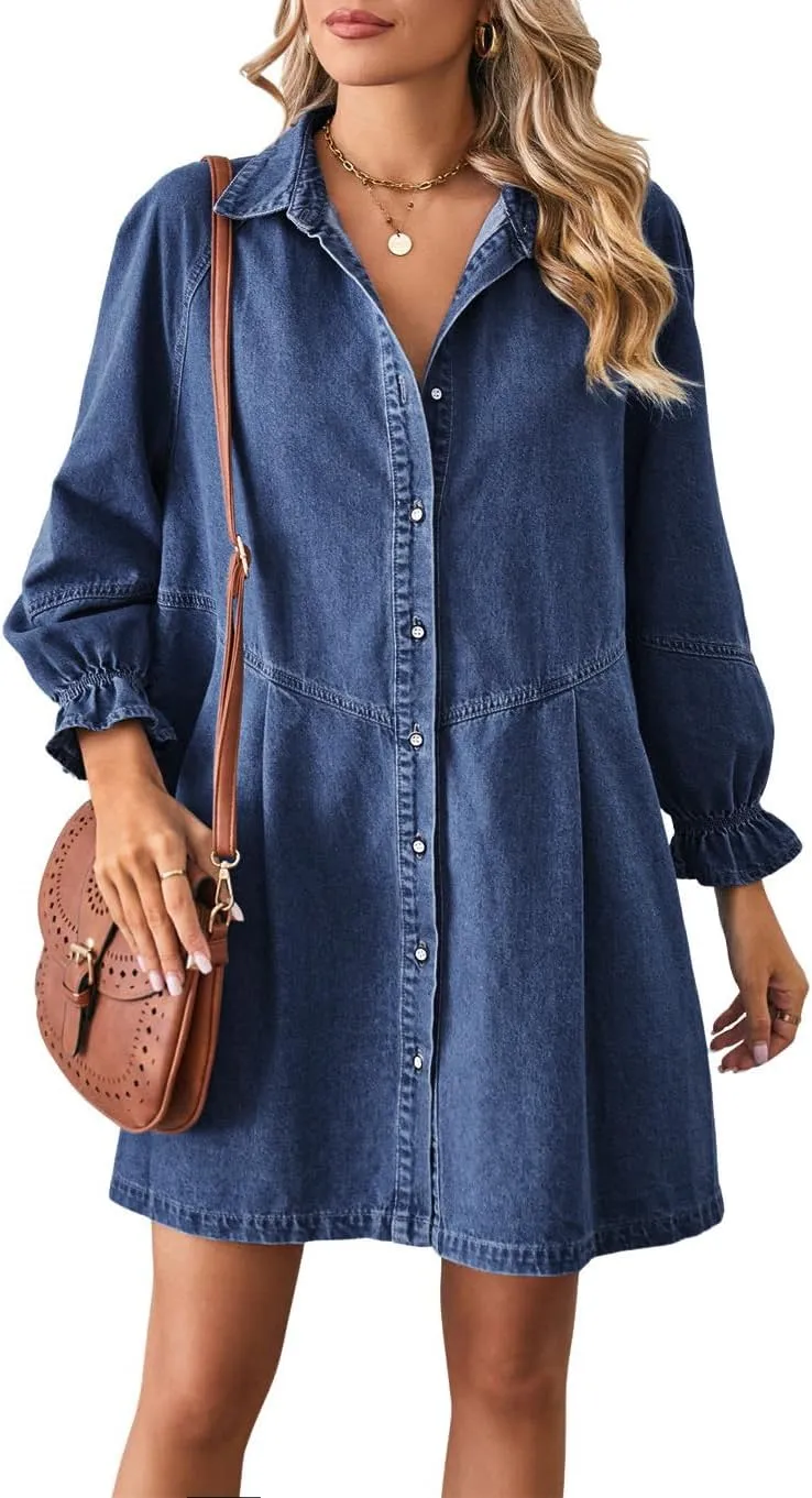 chouyatou Women's Button Down Denim Shirt Dress Lantern Long Sleeve Tiered Baydoll Jean Mini Dress