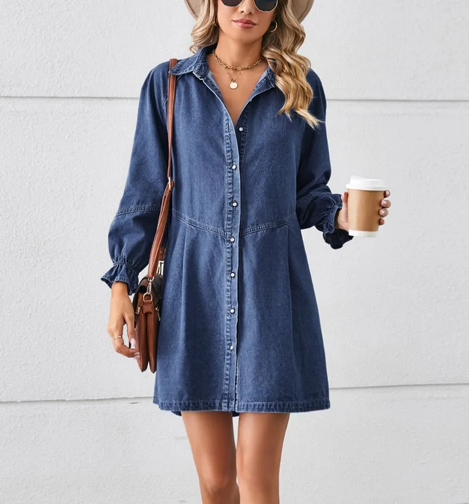 chouyatou Women's Button Down Denim Shirt Dress Lantern Long Sleeve Tiered Baydoll Jean Mini Dress