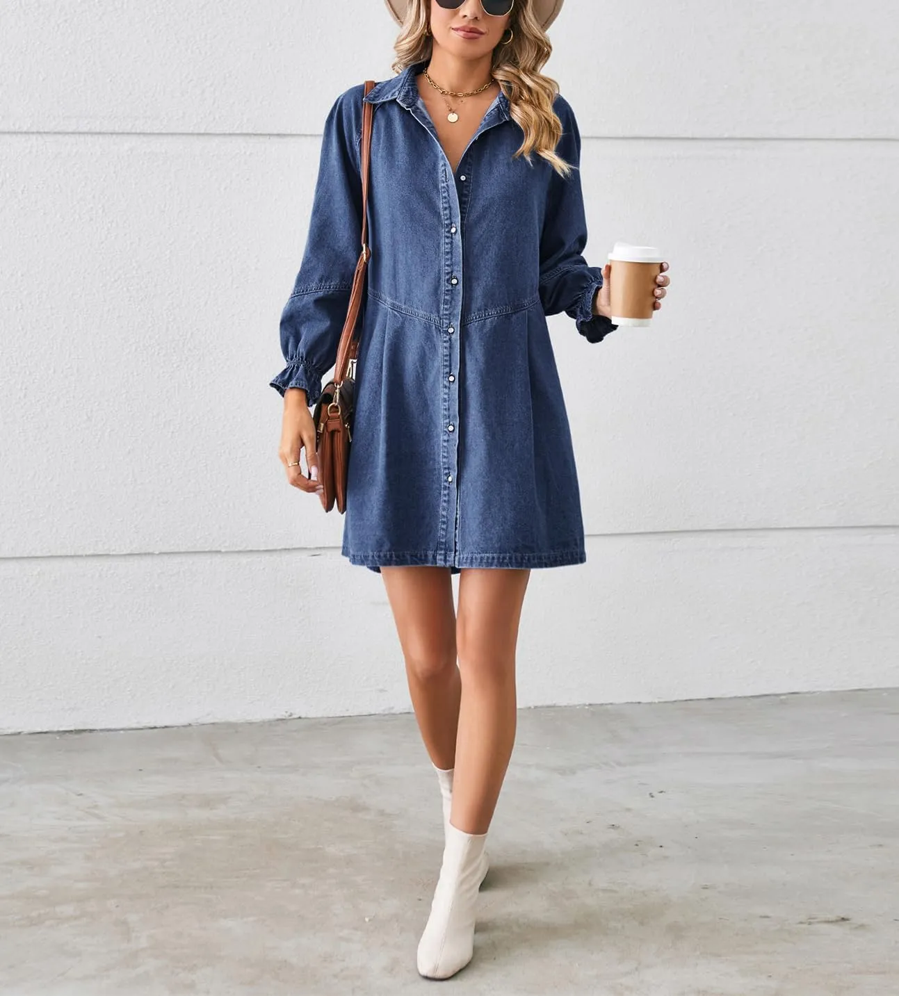 chouyatou Women's Button Down Denim Shirt Dress Lantern Long Sleeve Tiered Baydoll Jean Mini Dress