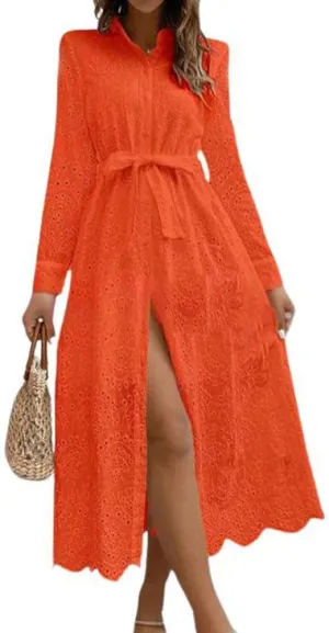 chouyatou Women's Elegant Lace Eyelet Embroidery Shirt Dress Long Sleeve Boho Belted Midi Long Button Down Dress
