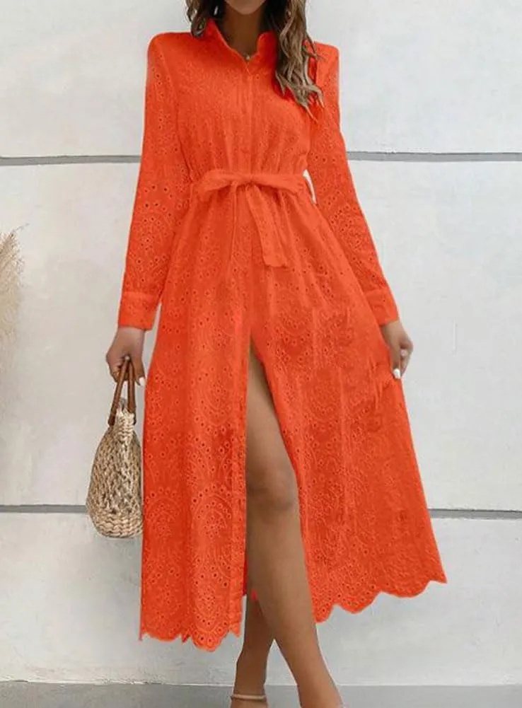 chouyatou Women's Elegant Lace Eyelet Embroidery Shirt Dress Long Sleeve Boho Belted Midi Long Button Down Dress
