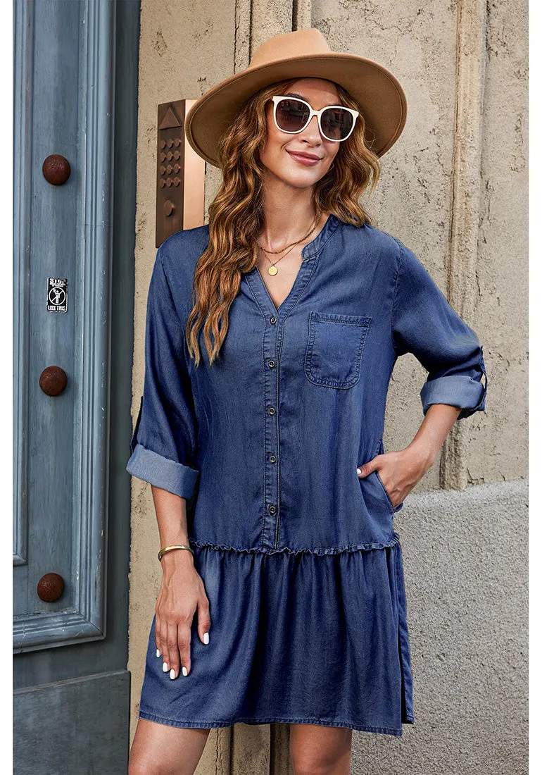 Darkness Blue Women's Brief Loose Denim Button Down Dress with Pockets