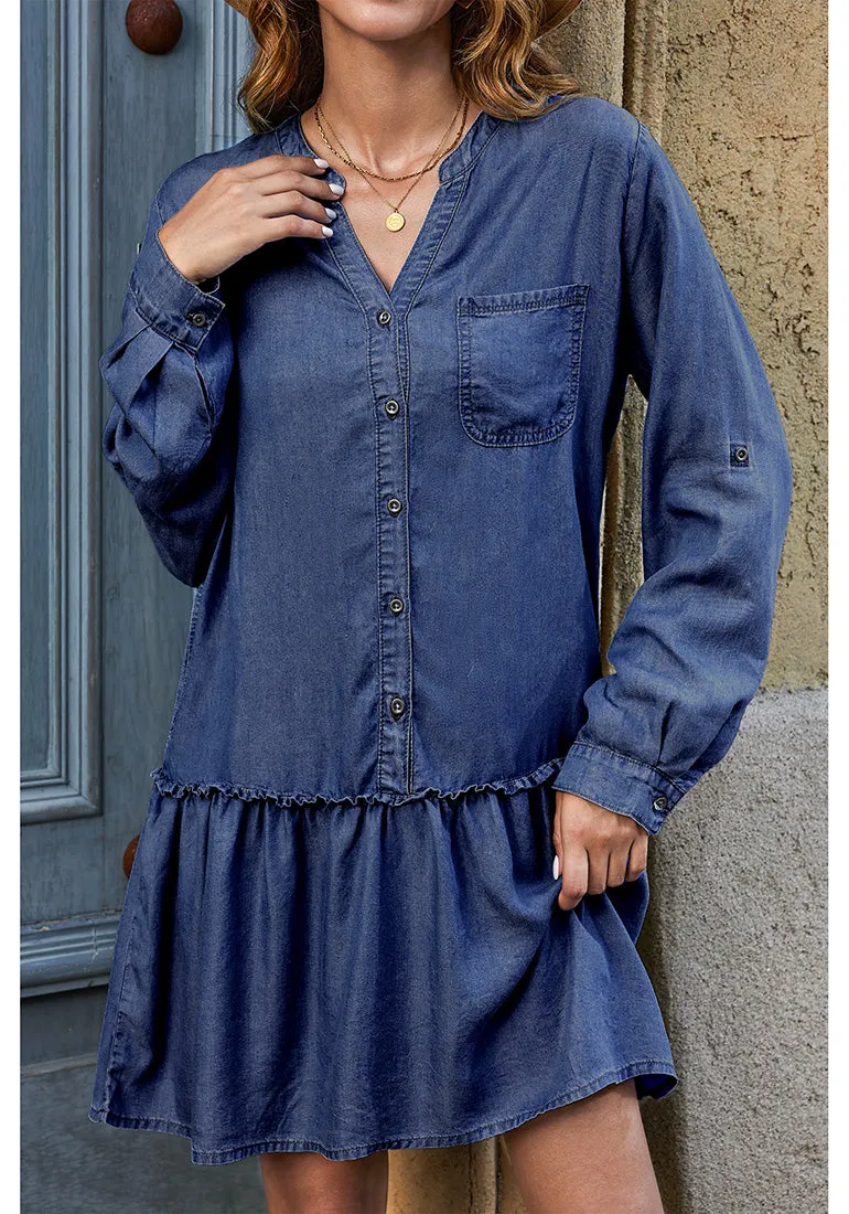 Darkness Blue Women's Brief Loose Denim Button Down Dress with Pockets