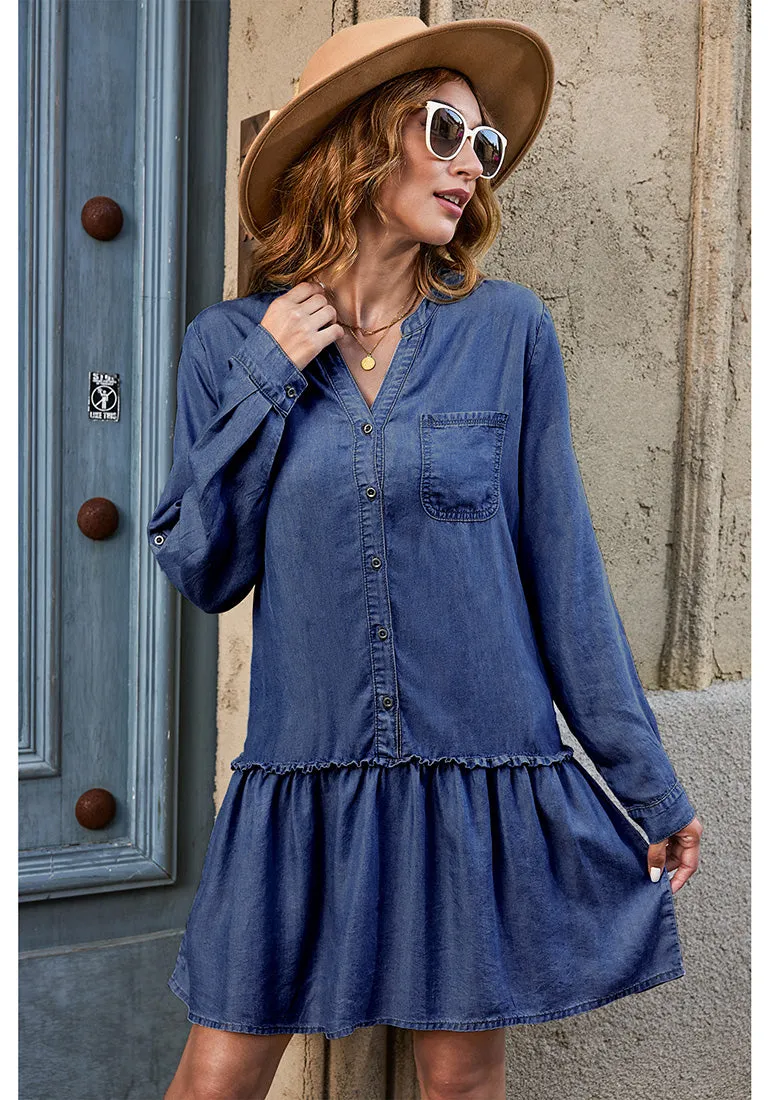 Darkness Blue Women's Brief Loose Denim Button Down Dress with Pockets