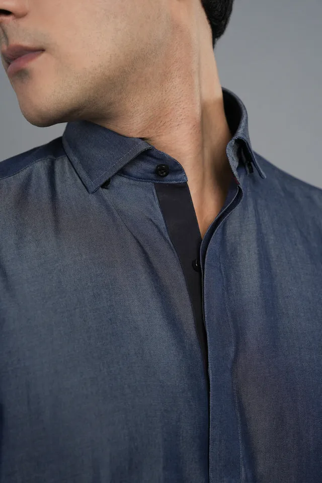 Denim Blue Cotton Shalwar Kameez With Black Inlay  SQ6