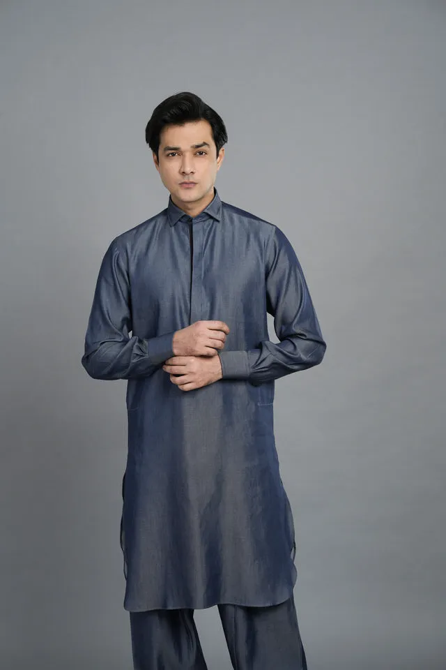 Denim Blue Cotton Shalwar Kameez With Black Inlay  SQ6