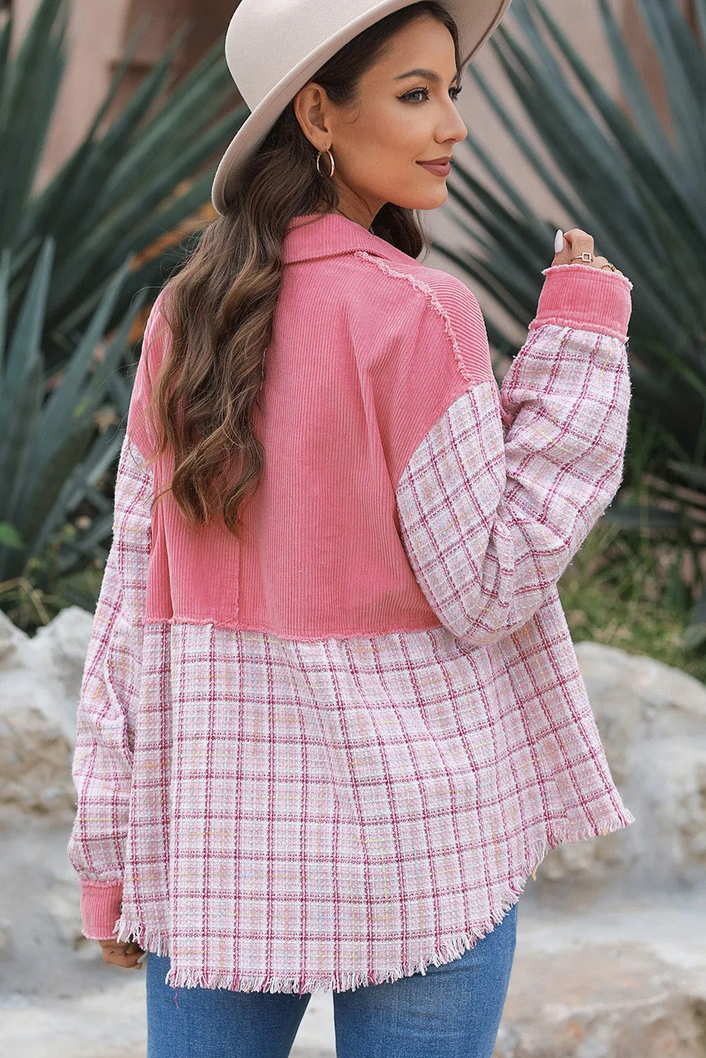 Denim Jacket Light Jean Button Up Shirt  Women's Pink Plaid Button Up Long Sleeve Jacket 100% Cotton Premium