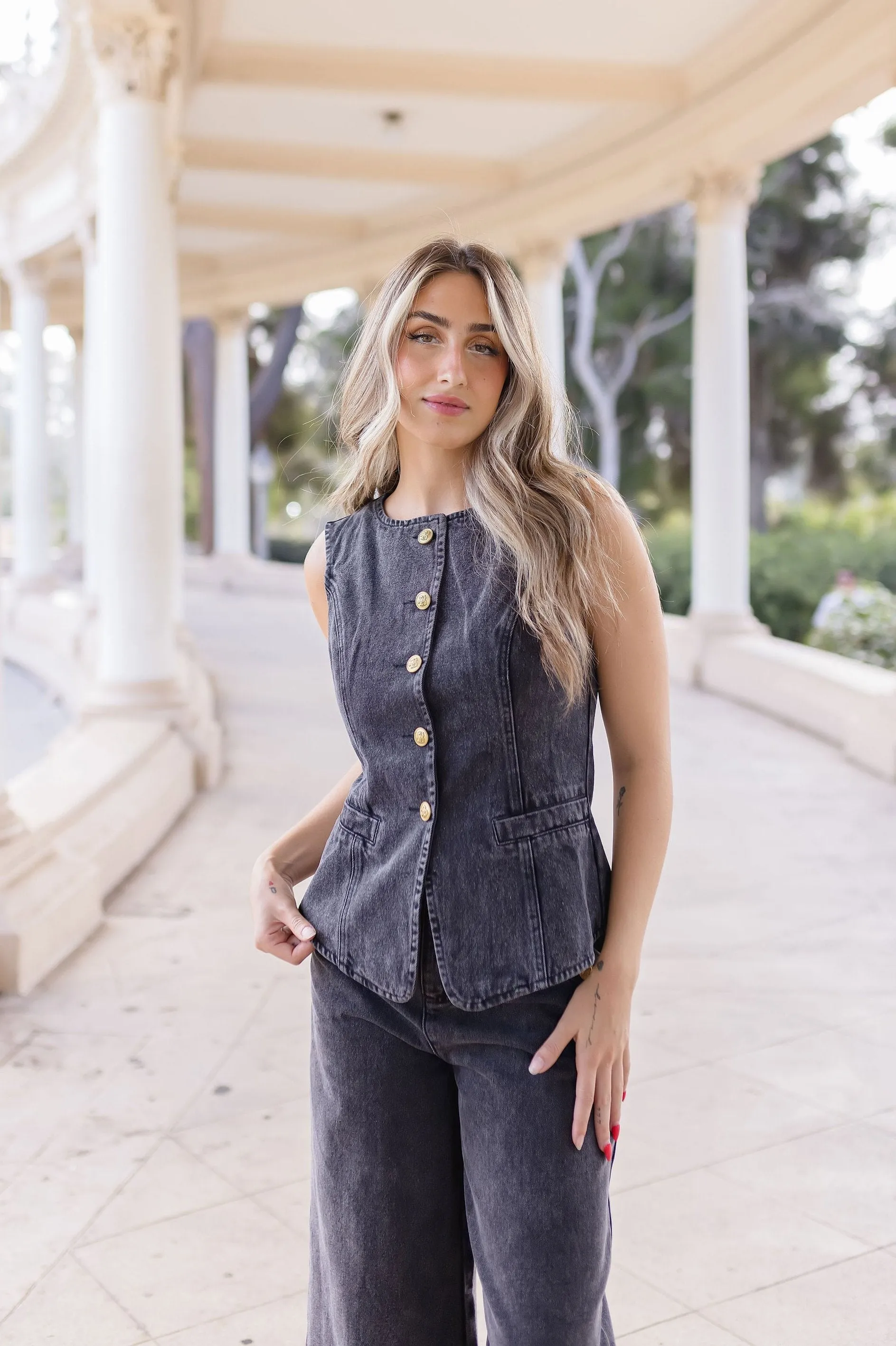 Devin Sleeveless Button Down Denim Vest And Pants Set Black