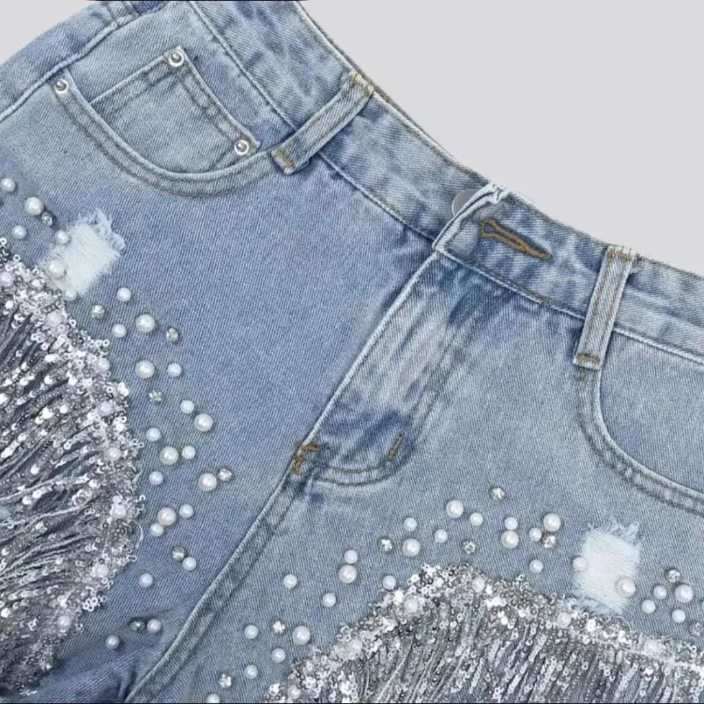 Diamond fringe leg denim shorts