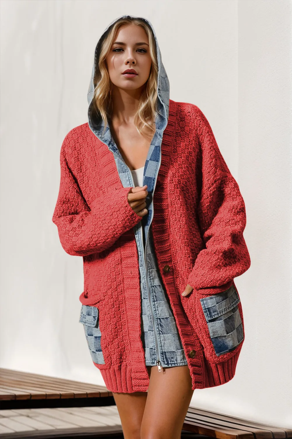 Double Take Full Size Hooded Denim Spliced Sweater Cardigan - 3 Colors