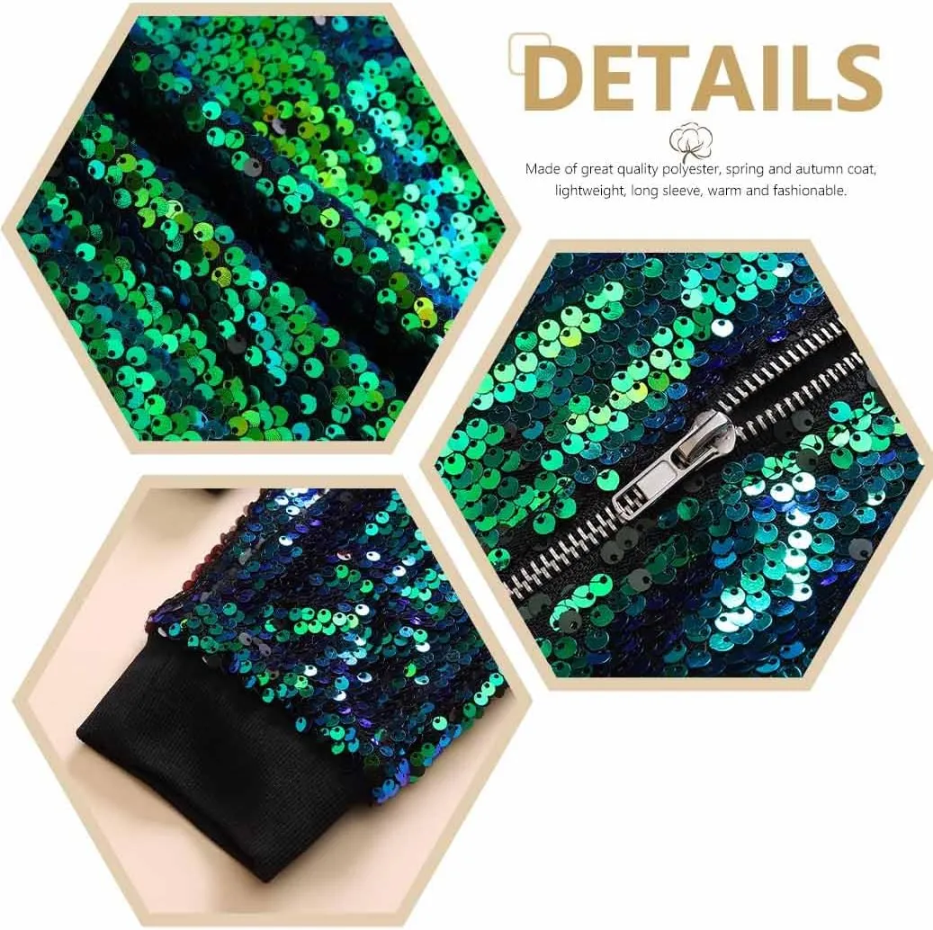 Edary Glitter Sequin Bomber Jackets Green Sparkly Long Sleeves Outfits for Women