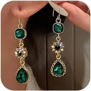 Emerald Green Earrings Emerald Green Crystal Dangle Earring Drop Earrings Wedding Bridal Women (Style 2)