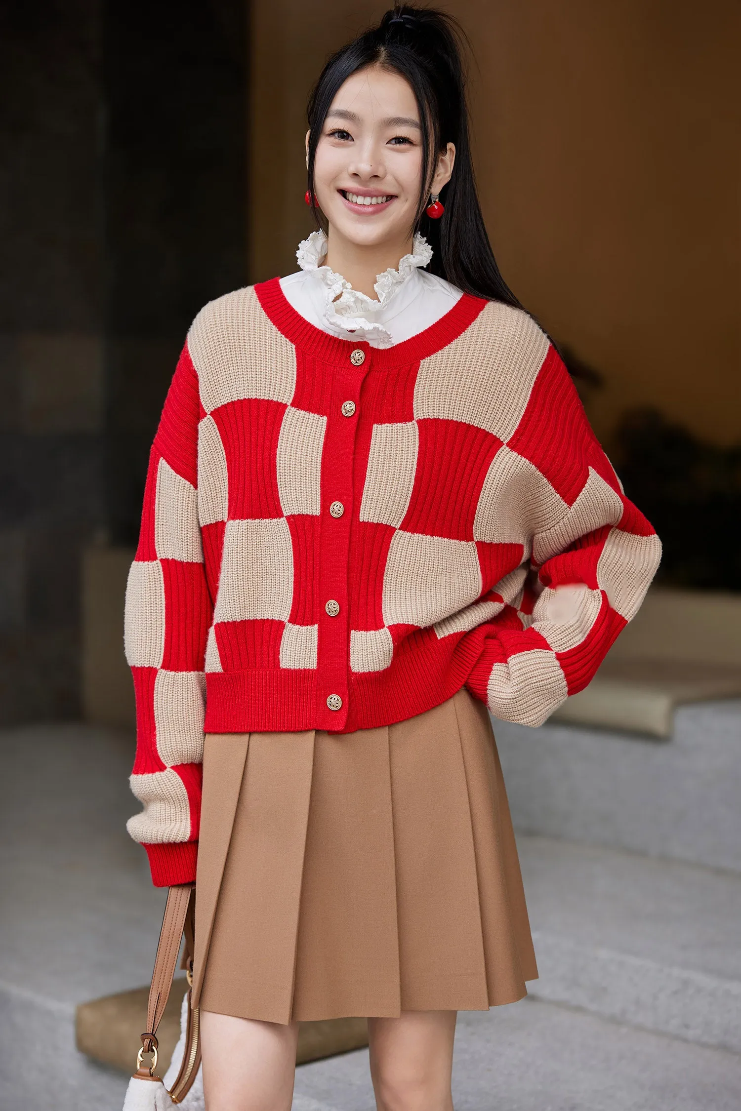 EP YAYING Plaid Short Knitted Cardigan