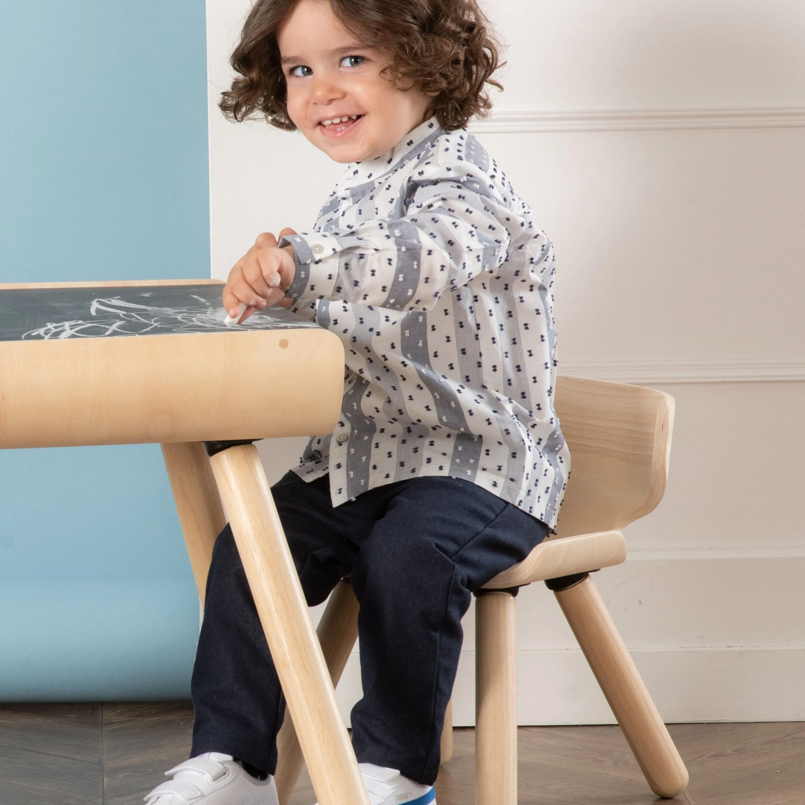 Eton | Boys Ivory & Blue Cotton Collarless Shirt