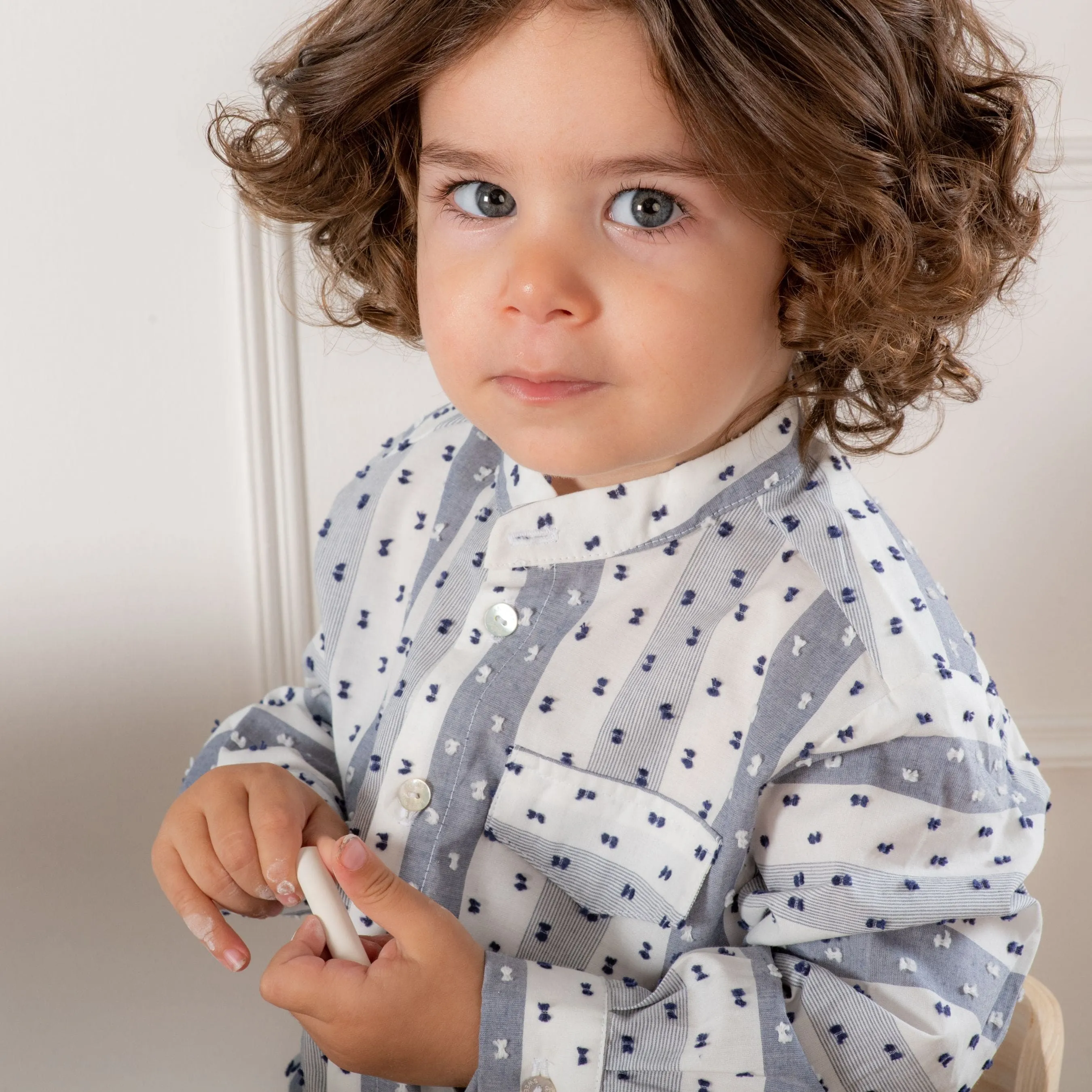 Eton | Boys Ivory & Blue Cotton Collarless Shirt