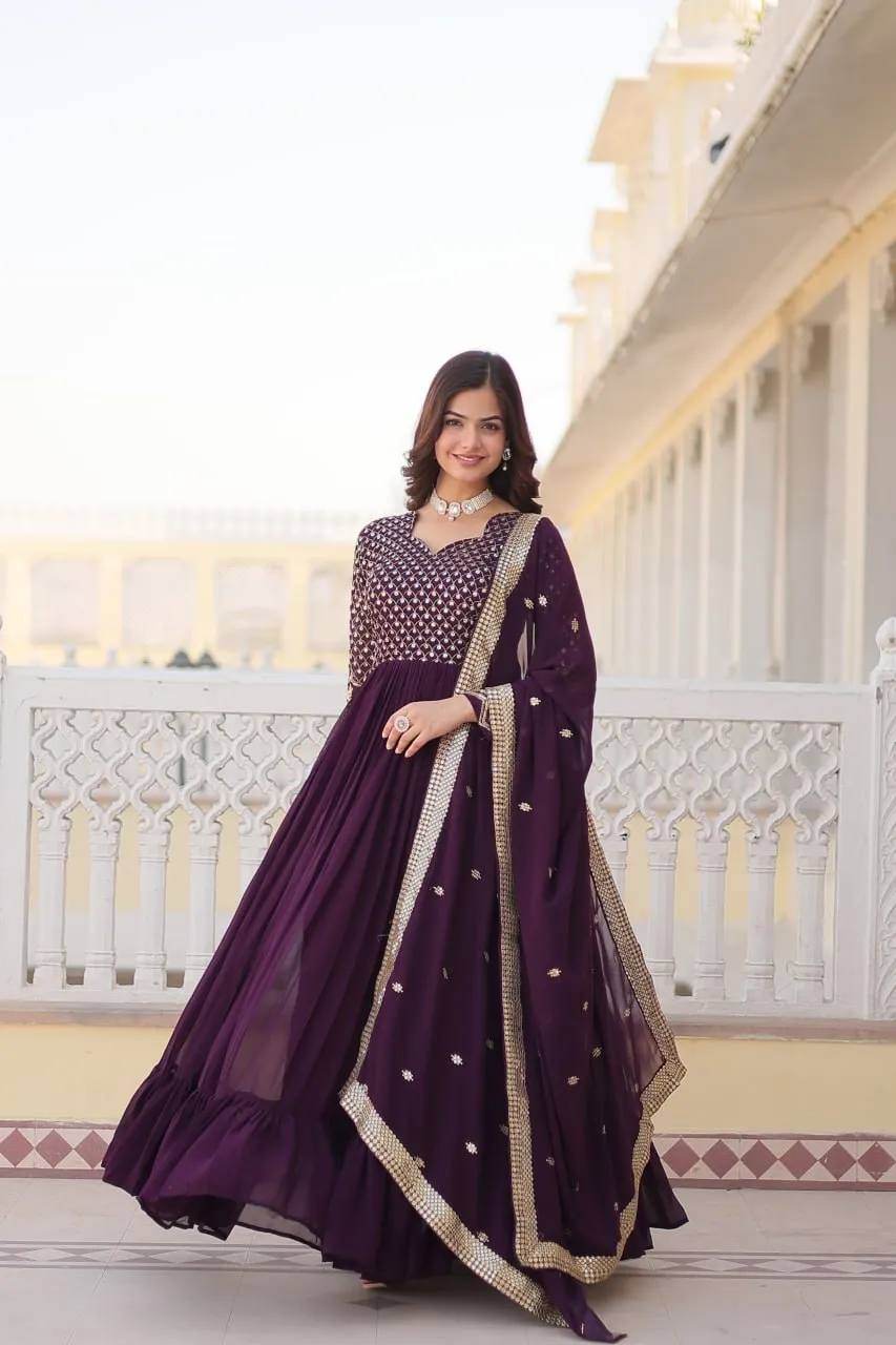 Faux Blooming Multi Sequin Embroidered Wine Gown with Luxurious Dupatta