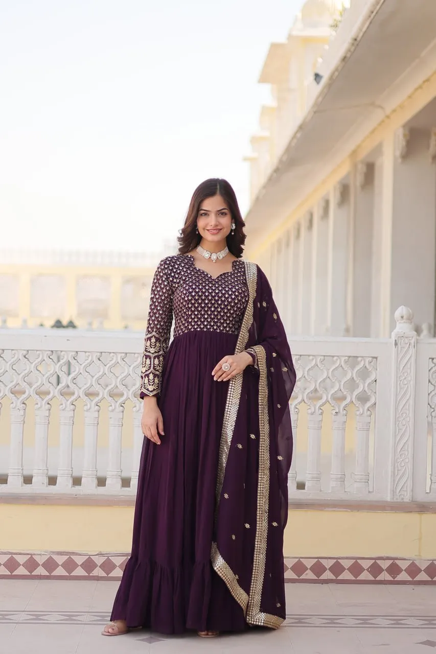 Faux Blooming Multi Sequin Embroidered Wine Gown with Luxurious Dupatta