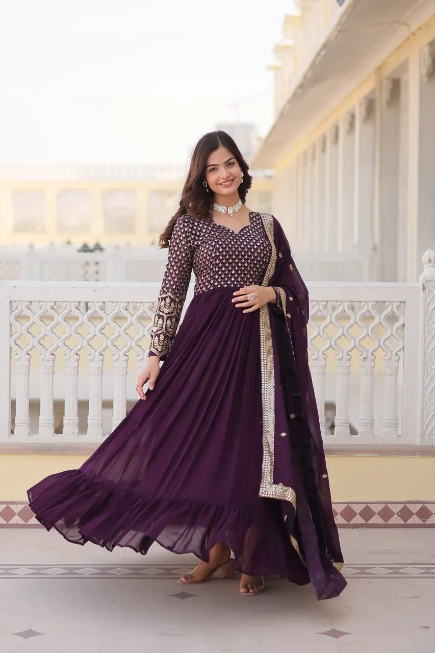Faux Blooming Multi Sequin Embroidered Wine Gown with Luxurious Dupatta